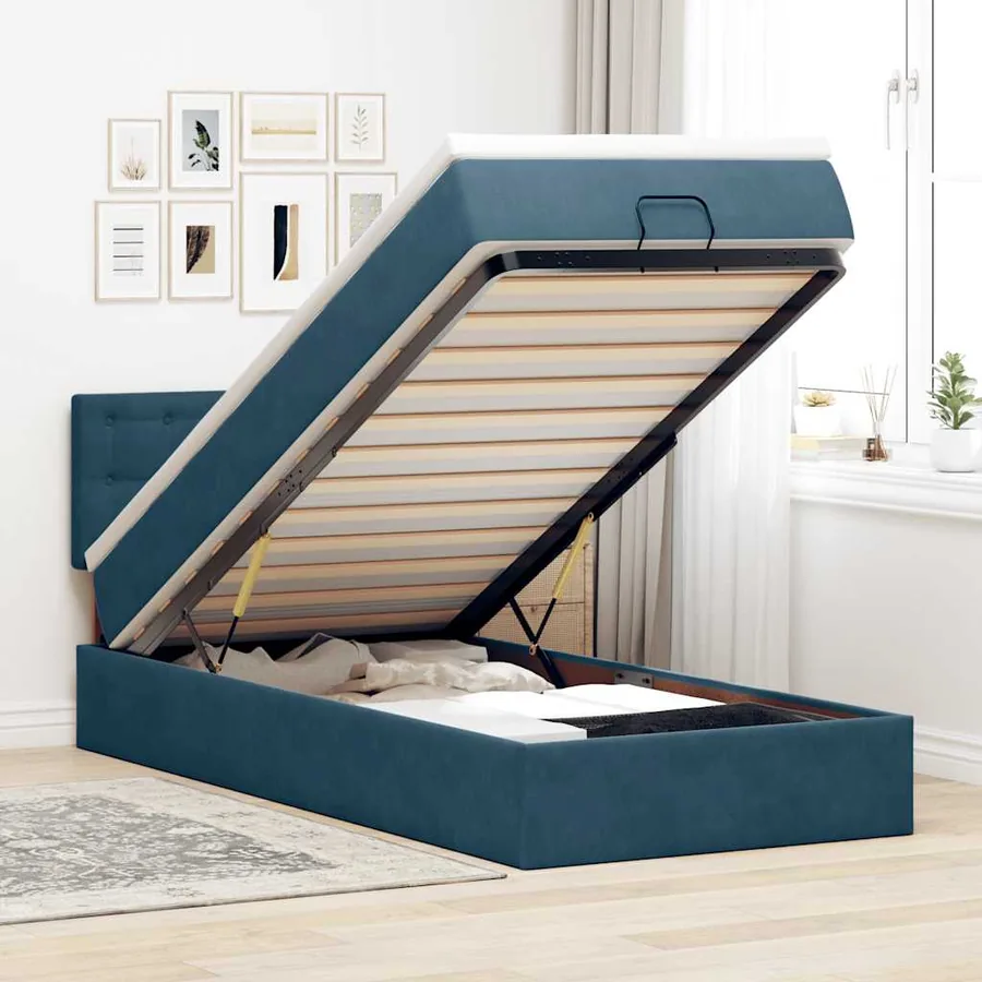 Cadre de lit ottoman avec matelas bleu foncé 100x200 cm velours