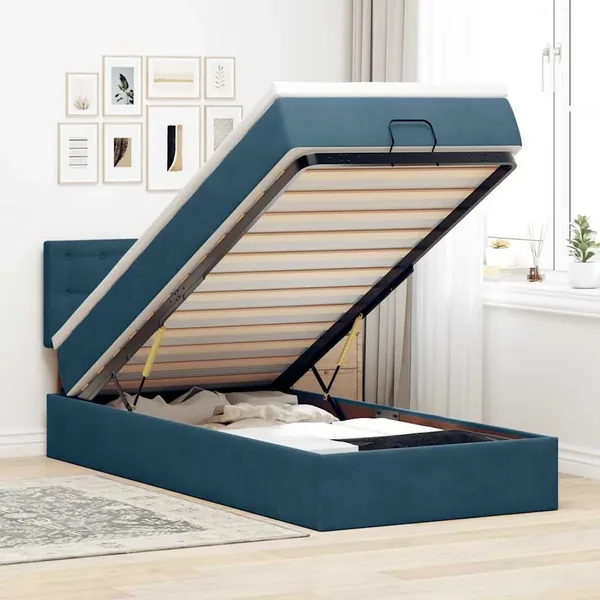 Cadre de lit ottoman avec matelas bleu foncé 100x200 cm velours