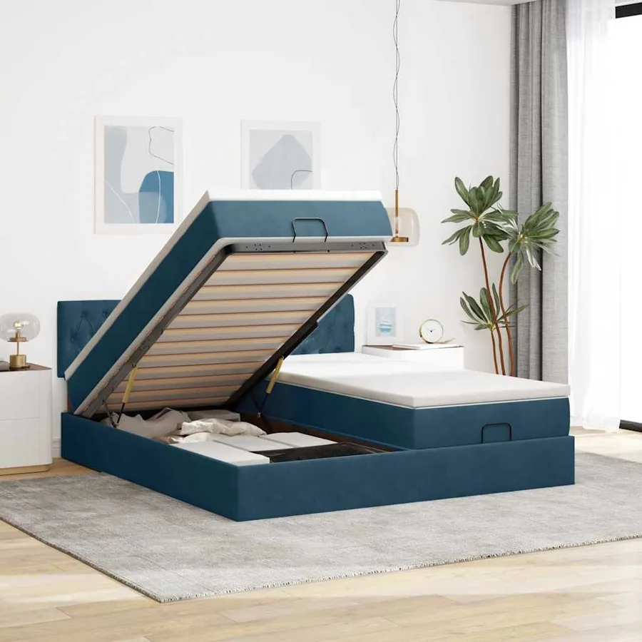 Cadre de lit ottoman avec matelas bleu foncé 200x200 cm velours