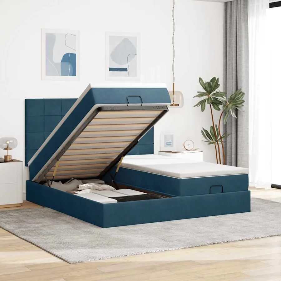 Cadre de lit ottoman avec matelas bleu foncé 200x200 cm velours