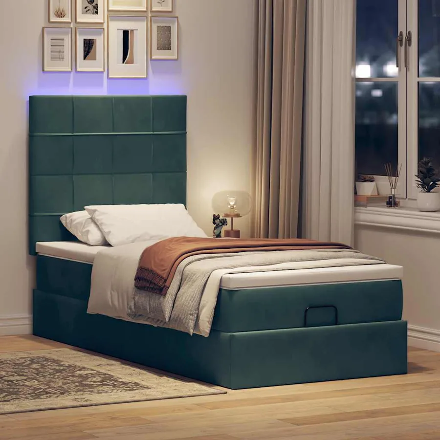 Cadre de lit ottoman avec matelas vert foncé 90x200 cm velours - 3