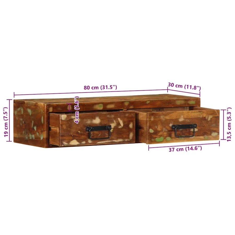 Meuble TV mural 80x30x19 cm bois massif de récupération - 12