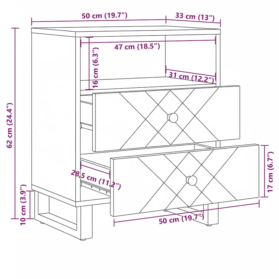 Table de chevet noir 50x33x62 cm bois de manguier solide - 11