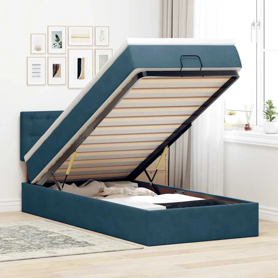 Cadre de lit ottoman avec matelas bleu foncé 90x190 cm velours