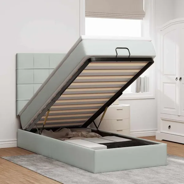 Cadre de lit ottoman et matelas gris clair 90x190 cm velours