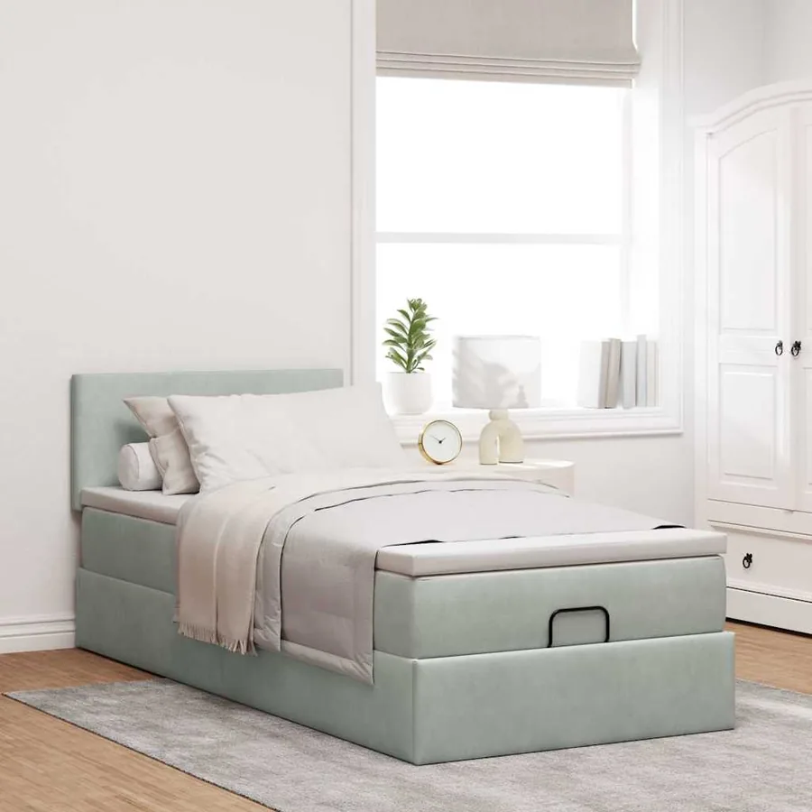 Cadre de lit ottoman et matelas gris clair 90x190 cm velours - 4