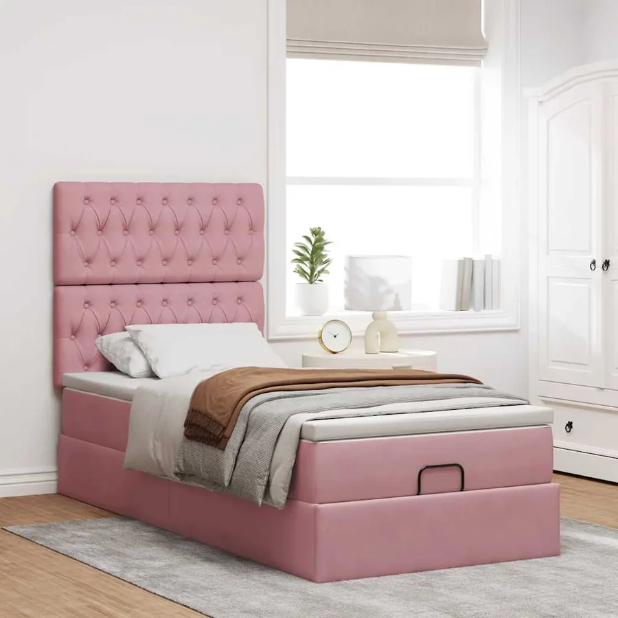 Cadre de lit ottoman avec matelas rose 90x190 cm velours - 4