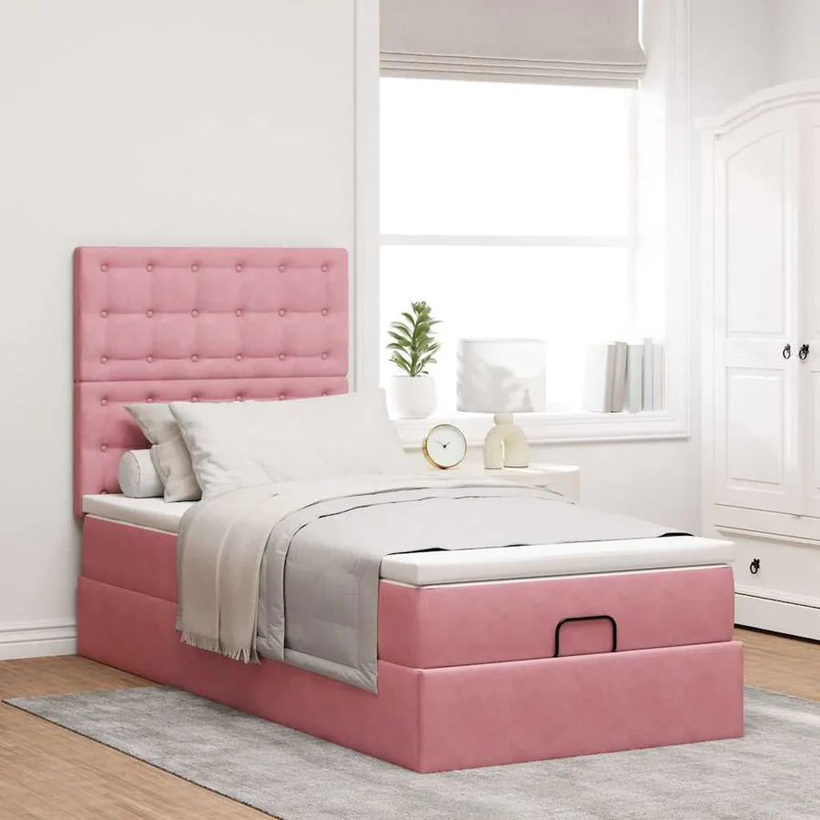 Cadre de lit ottoman avec matelas rose 90x190 cm velours - 3