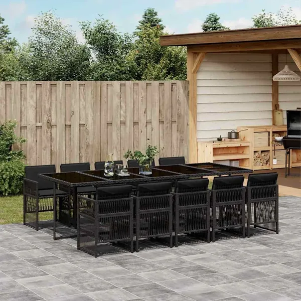 Ensemble à manger de jardin 11 pcs coussins noir résine tressée