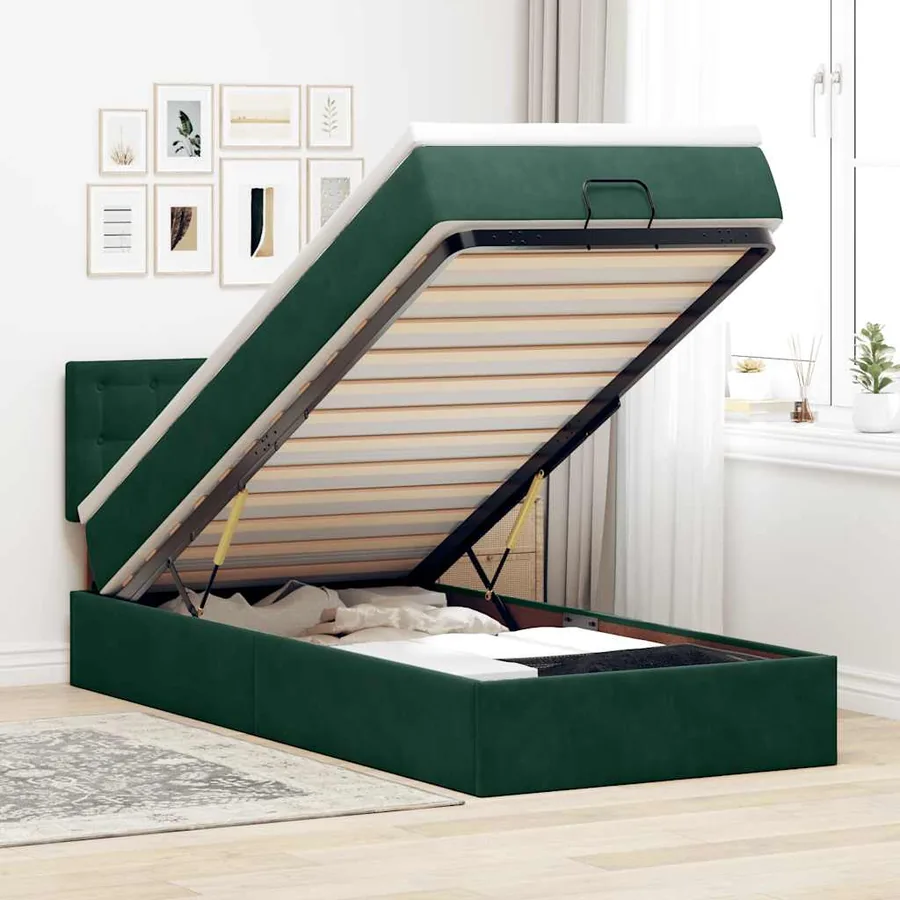 Cadre de lit ottoman avec matelas vert foncé 90x190 cm velours