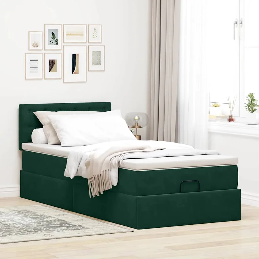 Cadre de lit ottoman avec matelas vert foncé 90x190 cm velours - 3