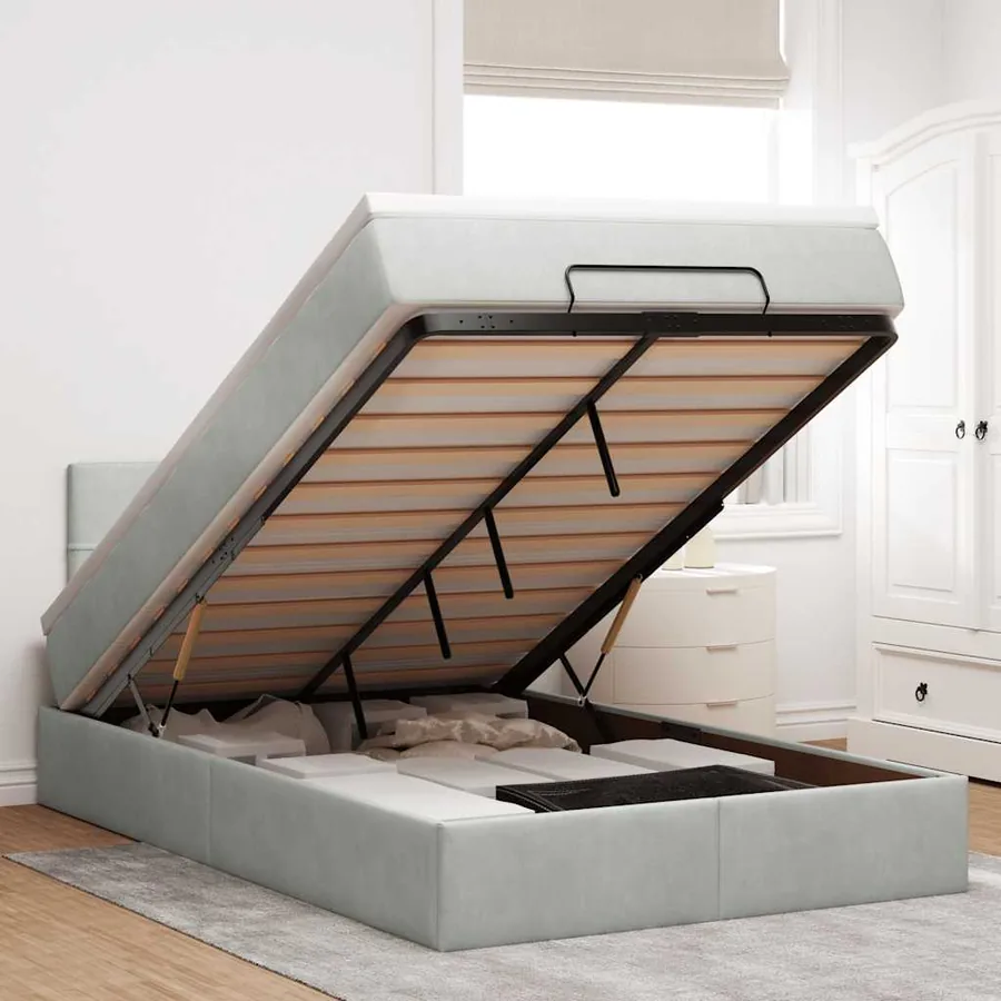 Lit ottoman avec matelas et LED gris clair 120x190cm velours