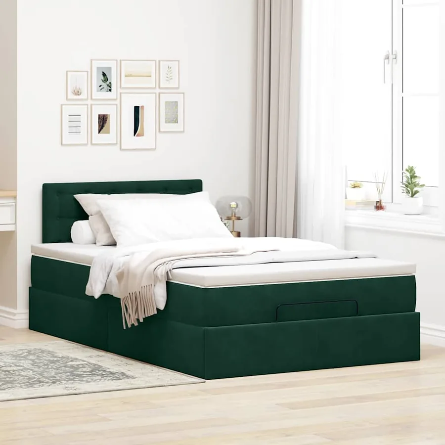 Lit ottoman avec matelas vert foncé 120x190 cm velours - 3