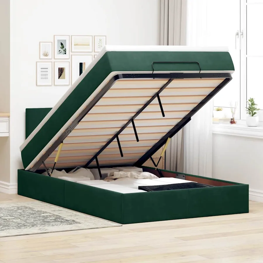 Lit ottoman avec matelas et LED vert foncé 90x200cm velours