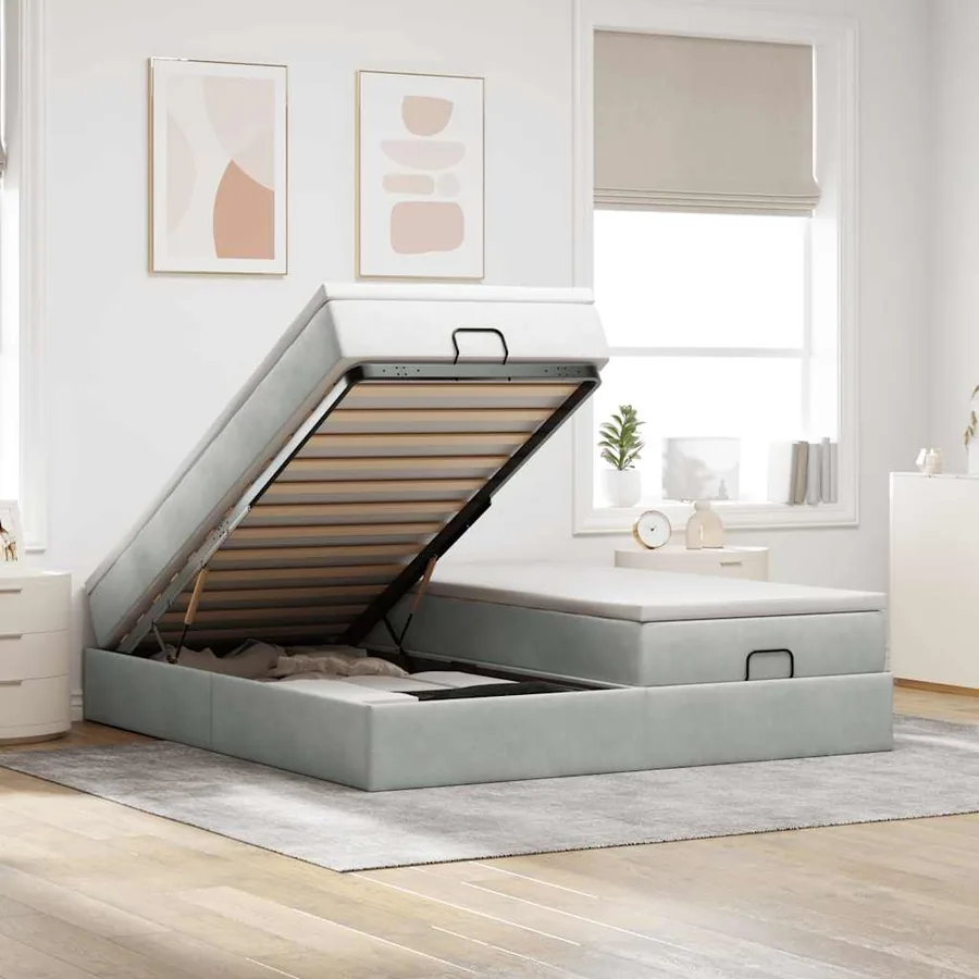 Cadre de lit ottoman et matelas gris clair 180x200cm velours