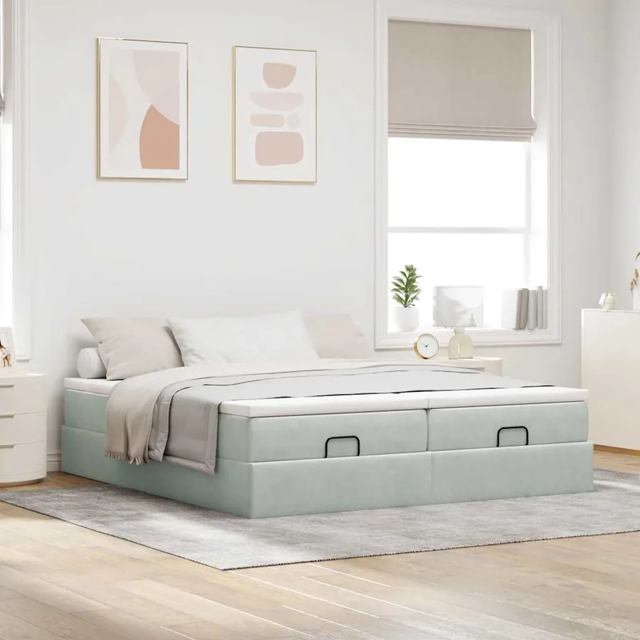 Cadre de lit ottoman et matelas gris clair 180x200cm velours - 3