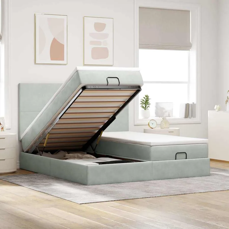 Cadre de lit ottoman et matelas gris clair 180x200cm velours