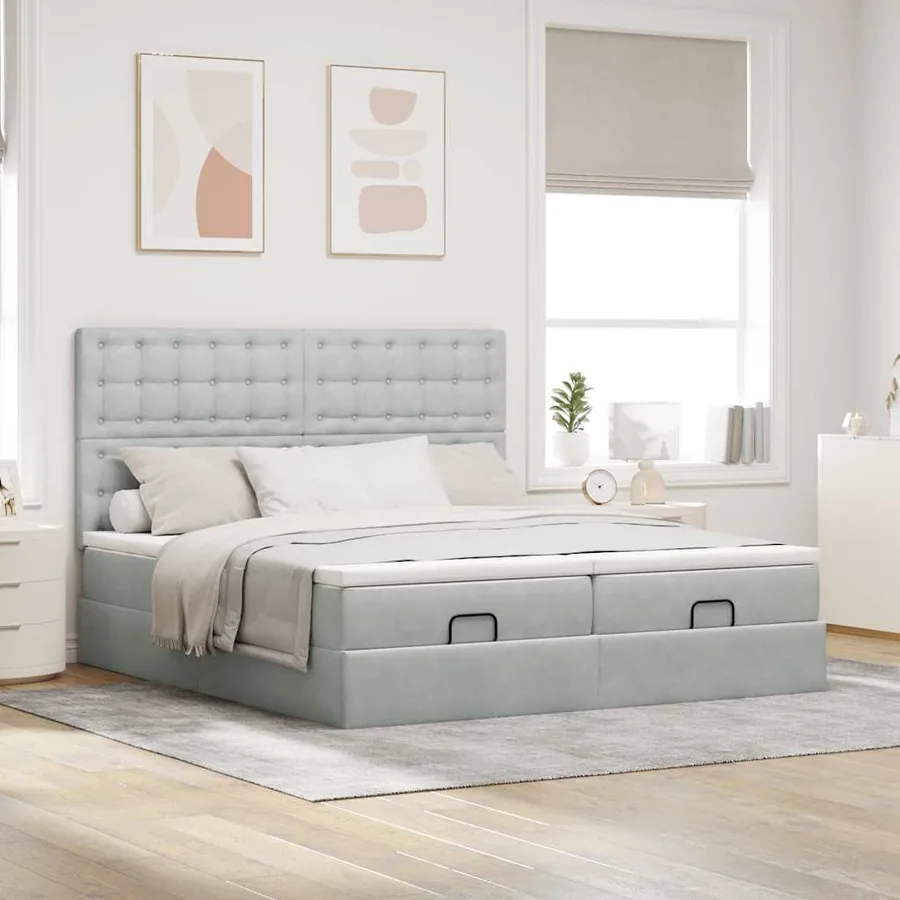 Cadre de lit ottoman et matelas gris clair 180x200cm velours - 4