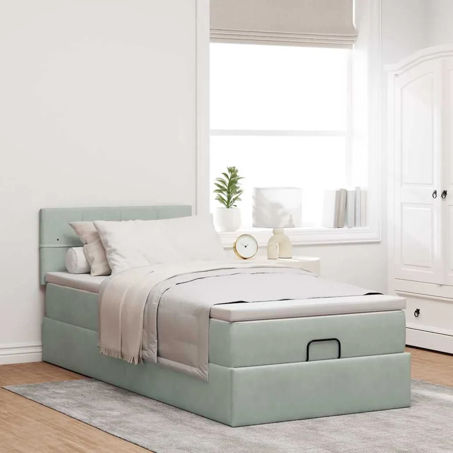 Cadre de lit ottoman et matelas gris clair 90x200 cm velours - 3