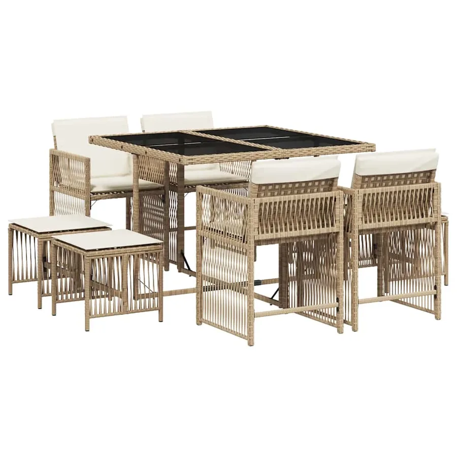 Ensemble à manger de jardin et coussins 9 pcs beige Poly rotin - 2