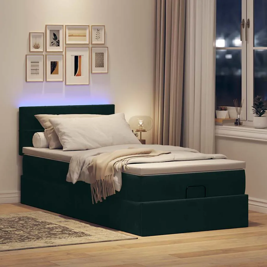 Lit ottoman avec matelas et LED Vert foncé 80x200cm velours - 3