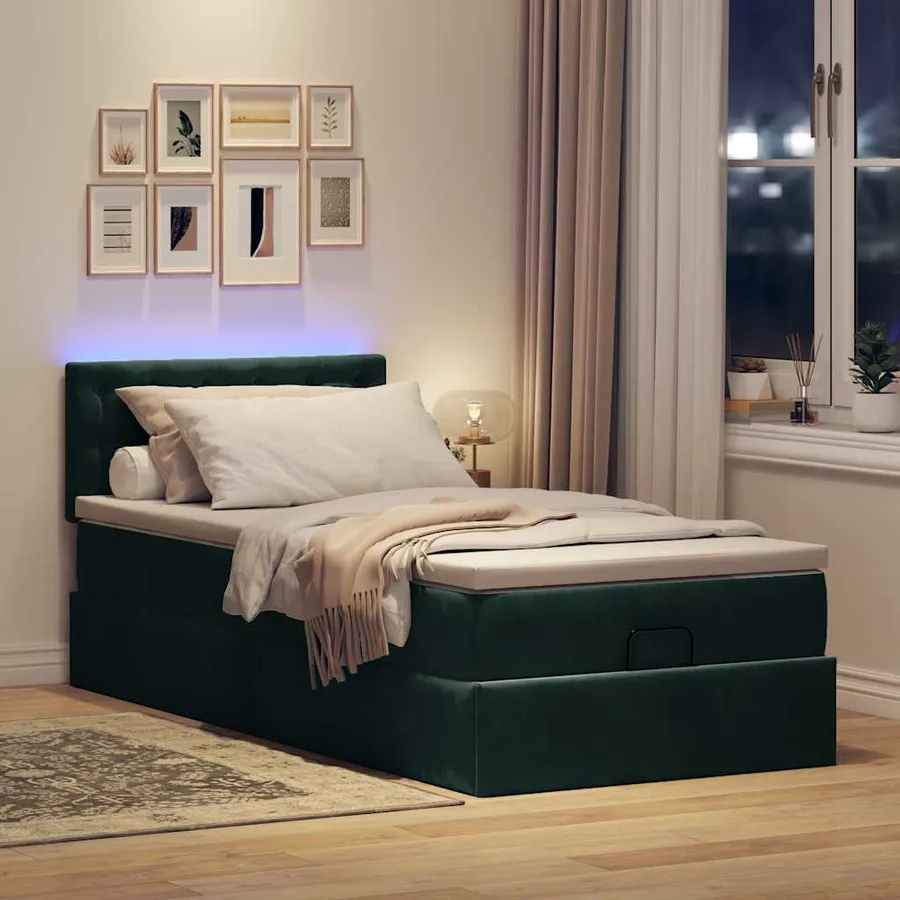 Lit ottoman avec matelas et LED Vert foncé 80x200cm velours - 3