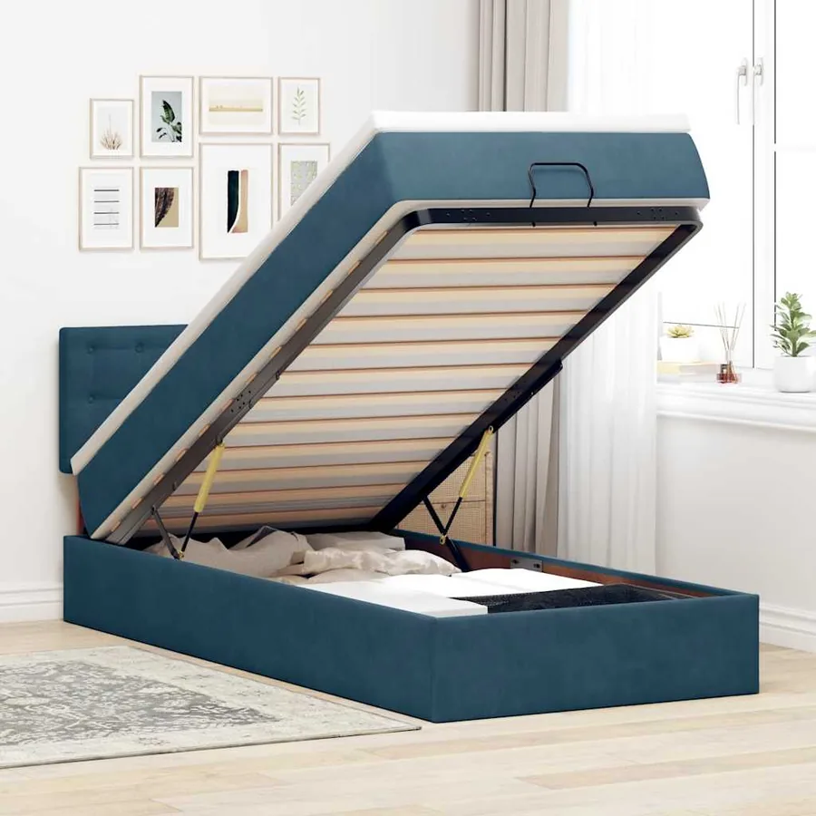 Cadre de lit ottoman avec matelas bleu foncé 80x200 cm velours