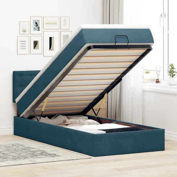 Cadre de lit ottoman avec matelas bleu foncé 80x200 cm velours