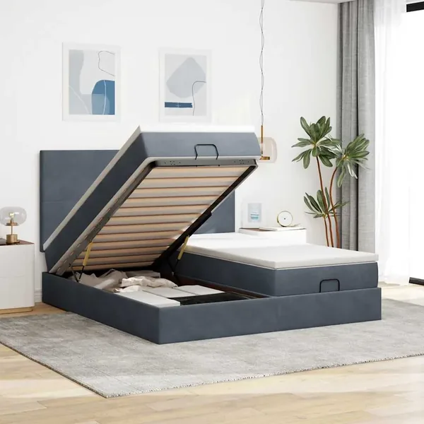 Cadre de lit ottoman avec matelas gris foncé 160x200cm velours