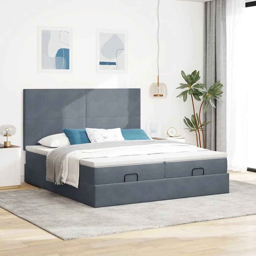Cadre de lit ottoman avec matelas gris foncé 160x200cm velours - 3