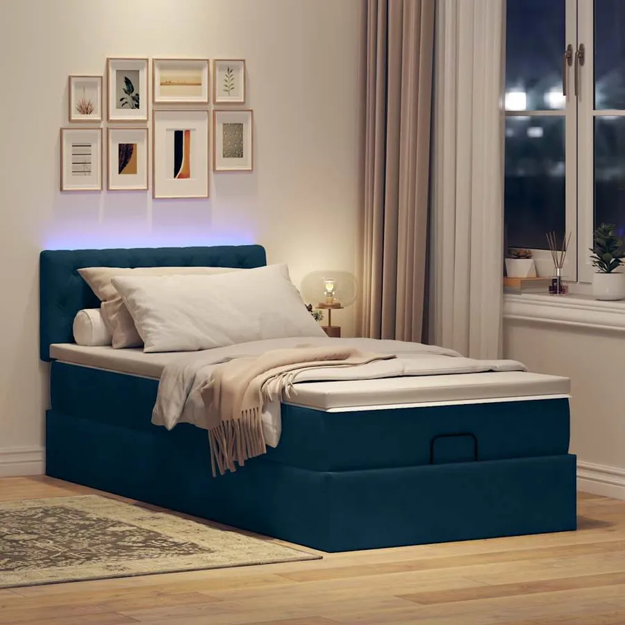 Lit ottoman avec matelas et LED bleu foncé 80x200cm velours - 3