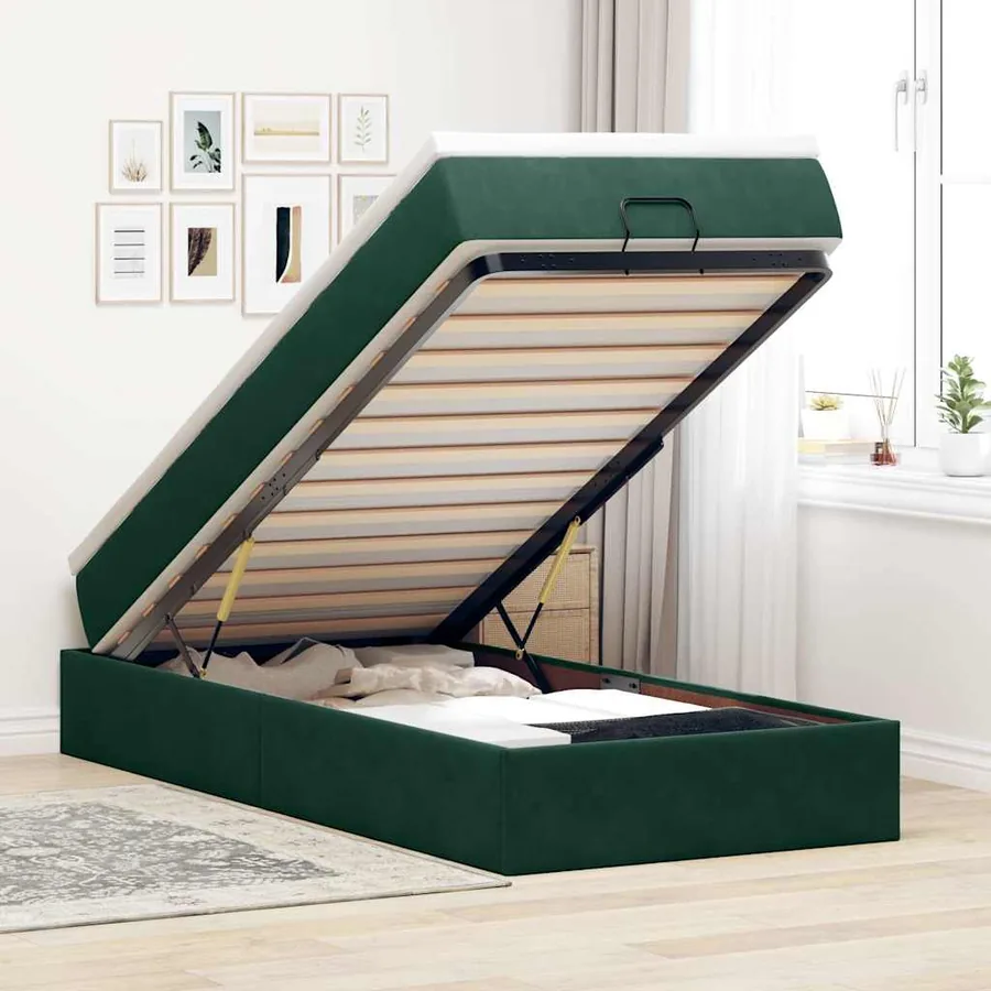 Cadre de lit ottoman avec matelas vert foncé 80x200 cm velours