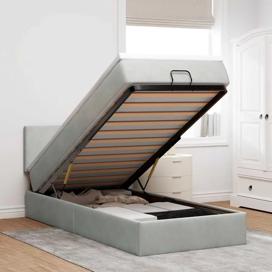 Cadre de lit ottoman avec matelas gris clair 80x200 cm velours