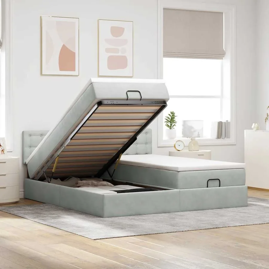 Cadre de lit ottoman et matelas gris clair 160x200cm velours