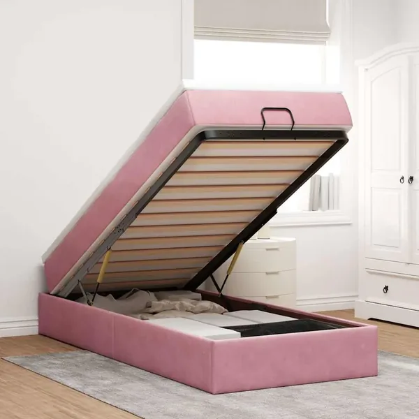Cadre de lit ottoman avec matelas rose 80x200 cm velours