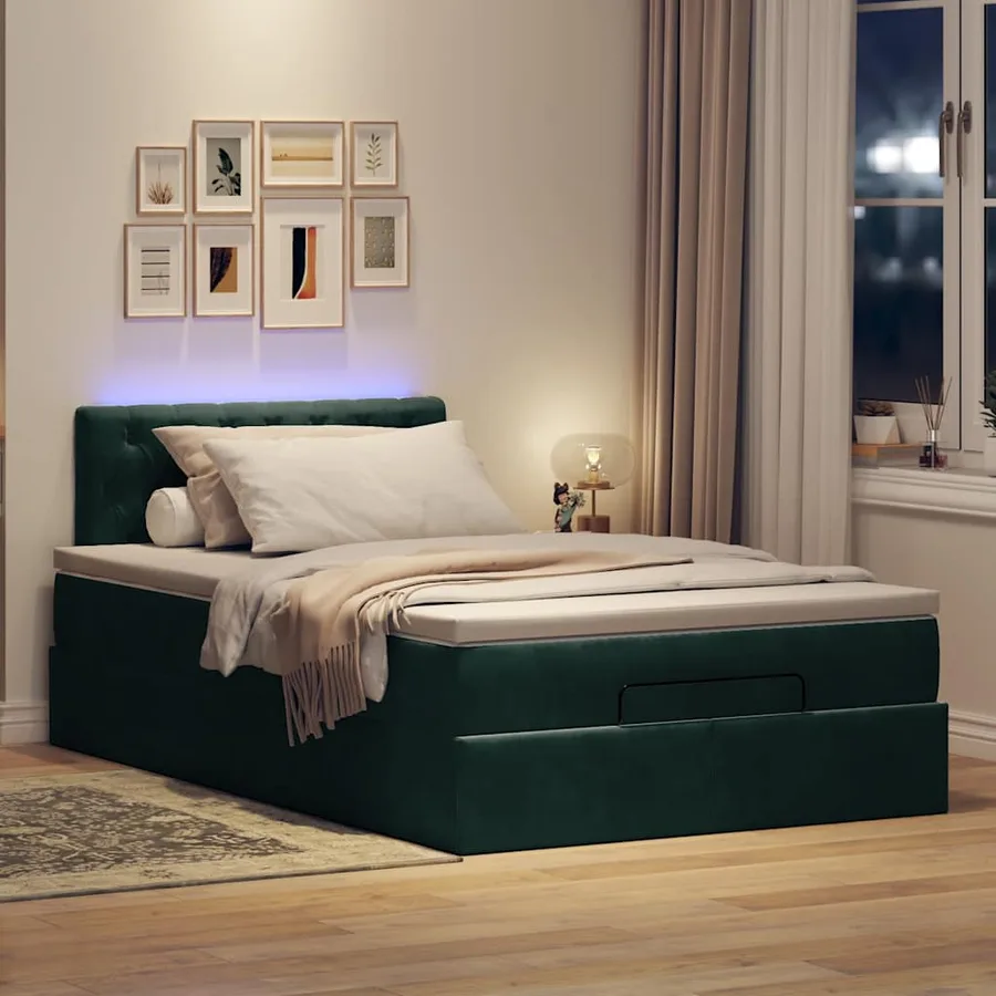 Lit ottoman avec matelas et LED vert foncé 90x200cm velours - 3