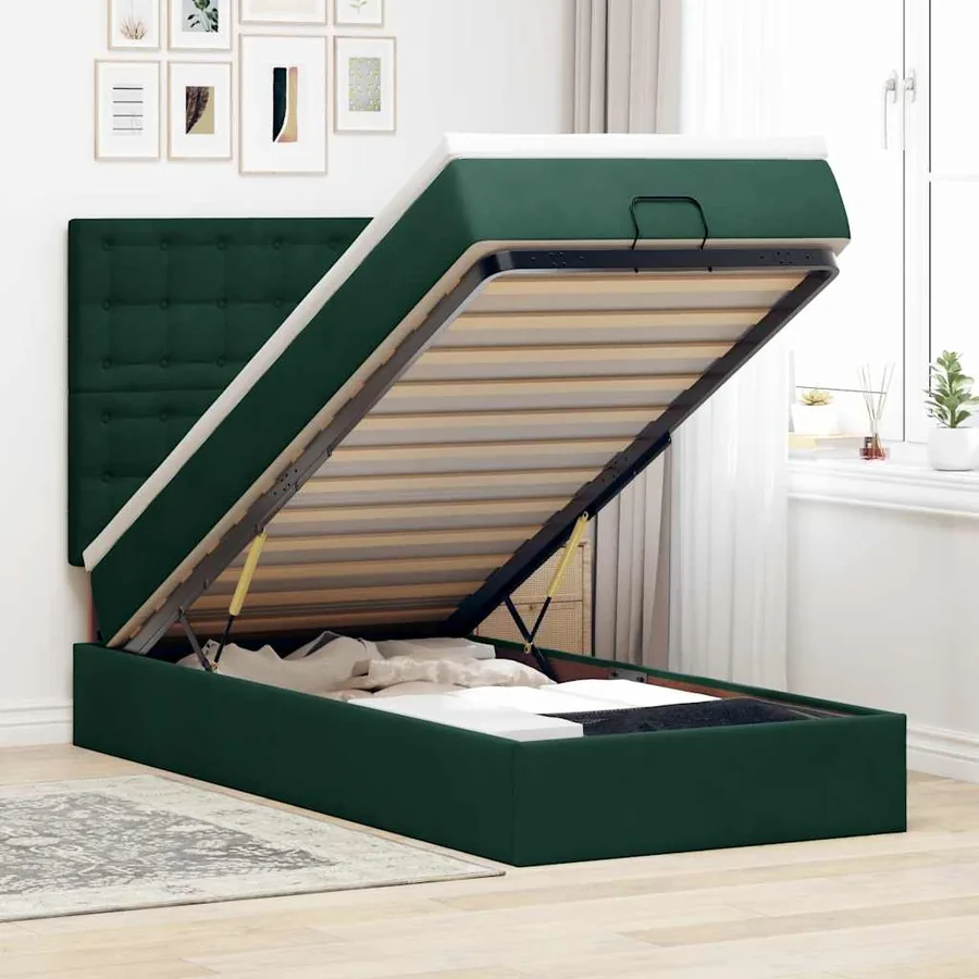Cadre de lit ottoman avec matelas vert foncé 90x190 cm velours