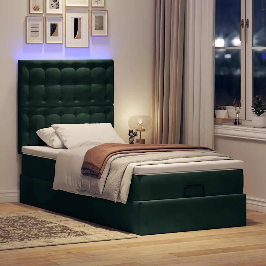 Cadre de lit ottoman avec matelas vert foncé 90x190 cm velours - 3