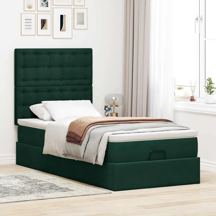 Cadre de lit ottoman avec matelas vert foncé 90x190 cm velours - 4
