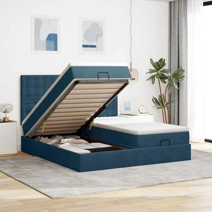 Cadre de lit ottoman avec matelas bleu foncé 180x200 cm velours