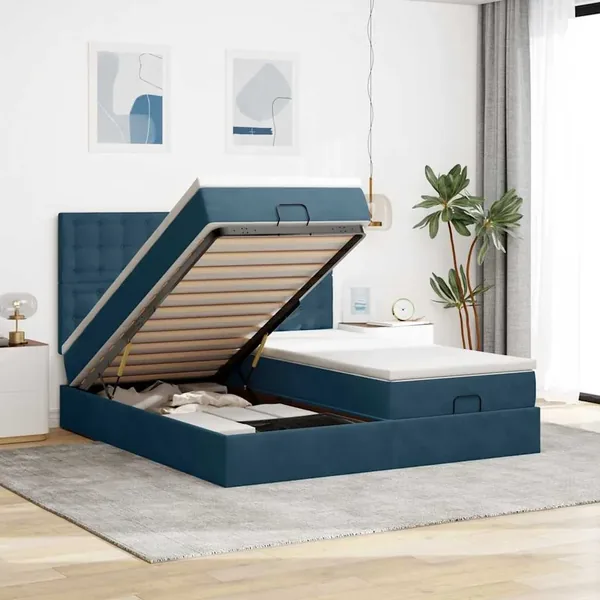 Cadre de lit ottoman avec matelas bleu foncé 180x200 cm velours