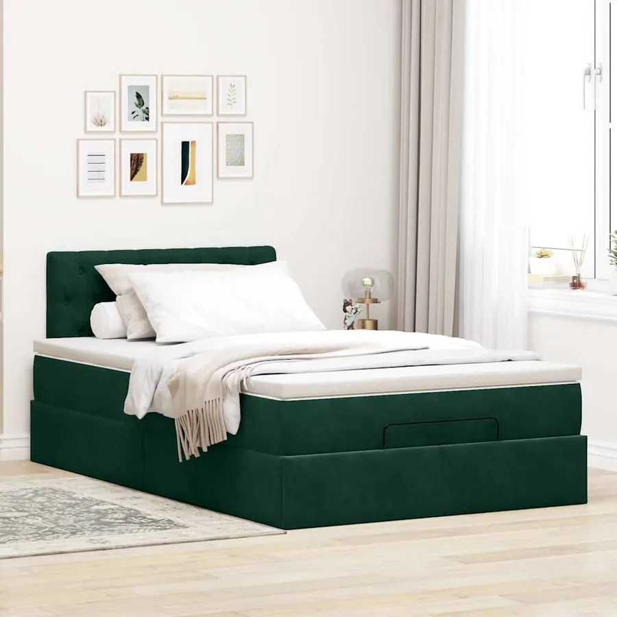 Lit ottoman avec matelas vert foncé 120x190 cm velours - 3
