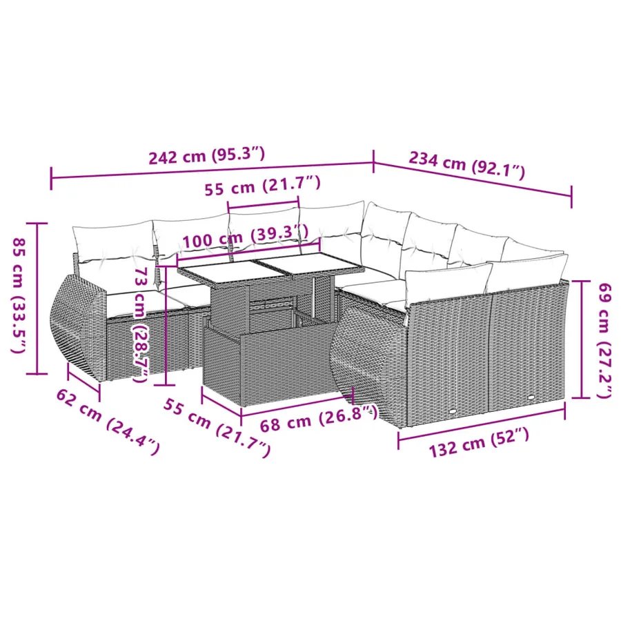Salon de jardin avec coussins 9 pcs marron résine tressée - 10