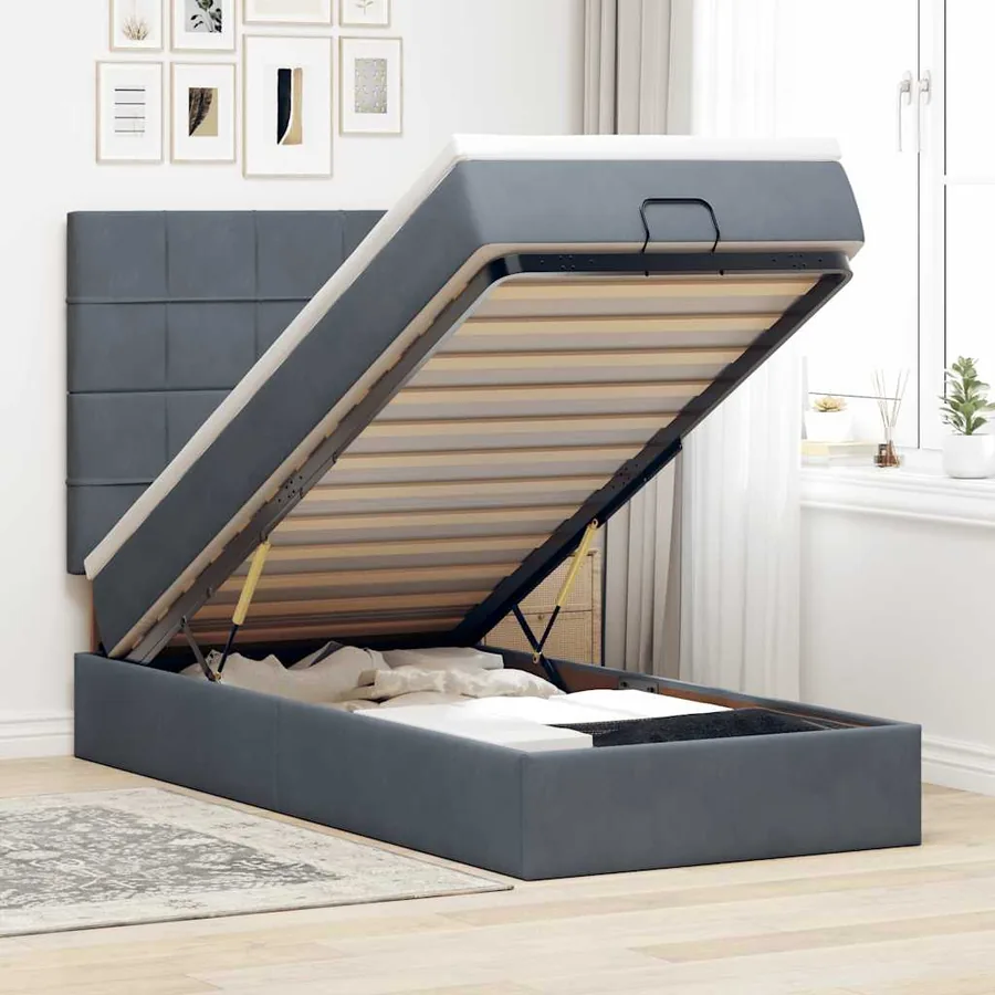Cadre de lit ottoman et matelas gris foncé 90x200 cm velours