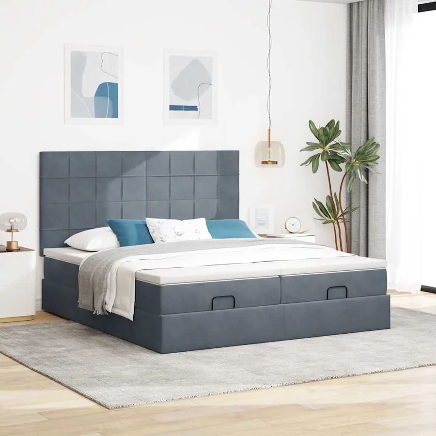 Cadre de lit ottoman avec matelas gris foncé 180x200cm velours - 4