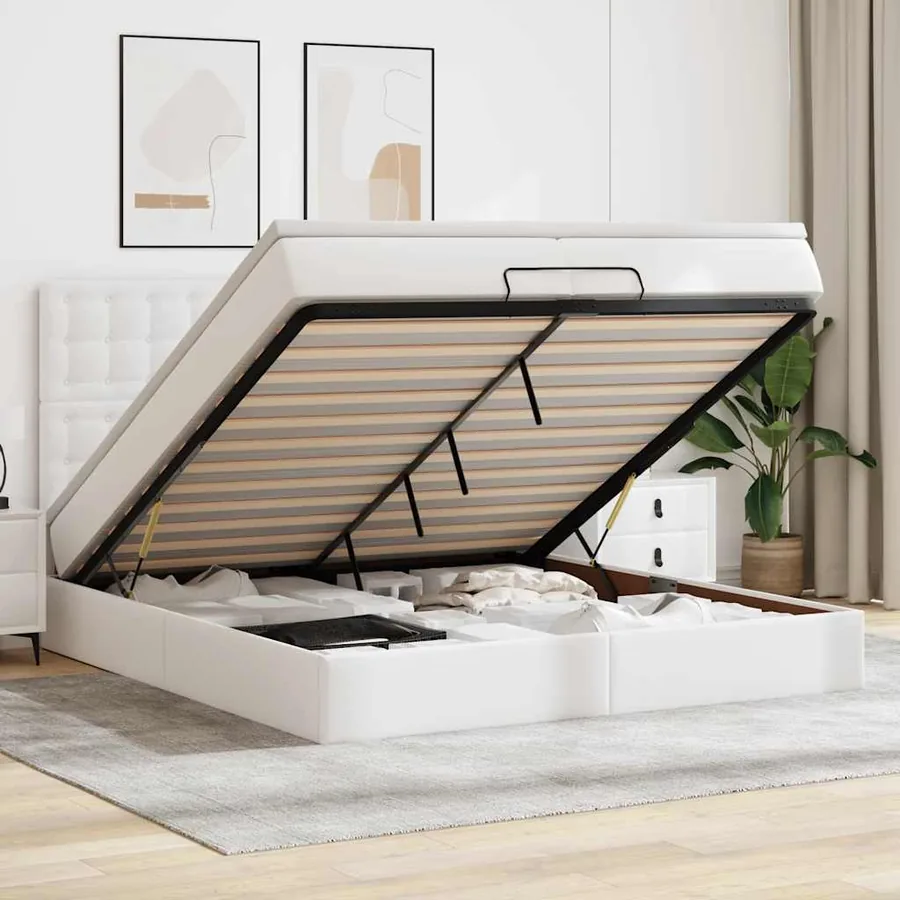 Cadre de lit ottoman avec matelas blanc 200x200 cm similicuir