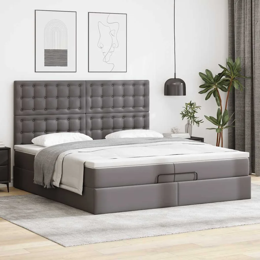 Cadre de lit ottoman avec matelas gris 200x200 cm similicuir - 4