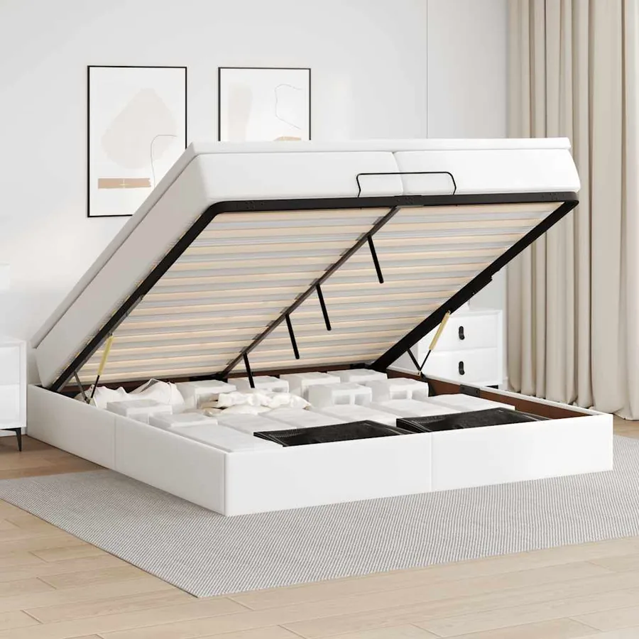 Cadre de lit ottoman avec matelas blanc 200x200 cm similicuir