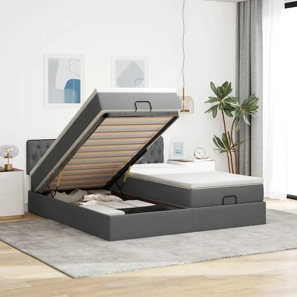 Cadre de lit ottoman avec matelas gris foncé 160x200cm tissu