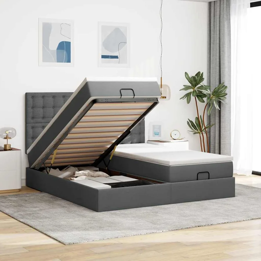 Cadre de lit ottoman avec matelas gris foncé 160x200cm tissu
